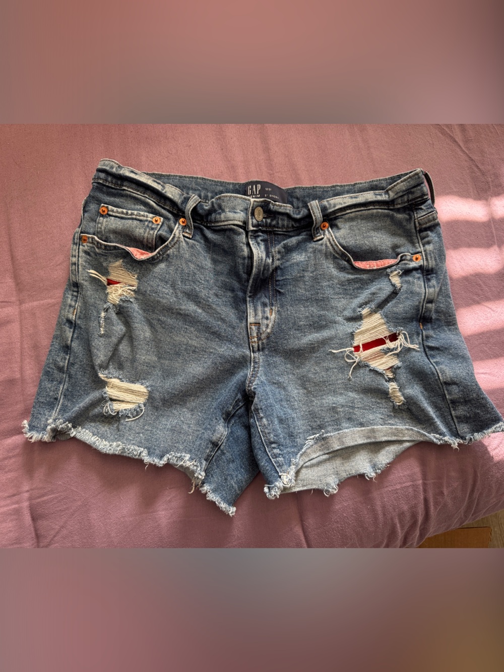 GAP Blue Distressed Denim Cutoff Shorts with Red Patch Accents